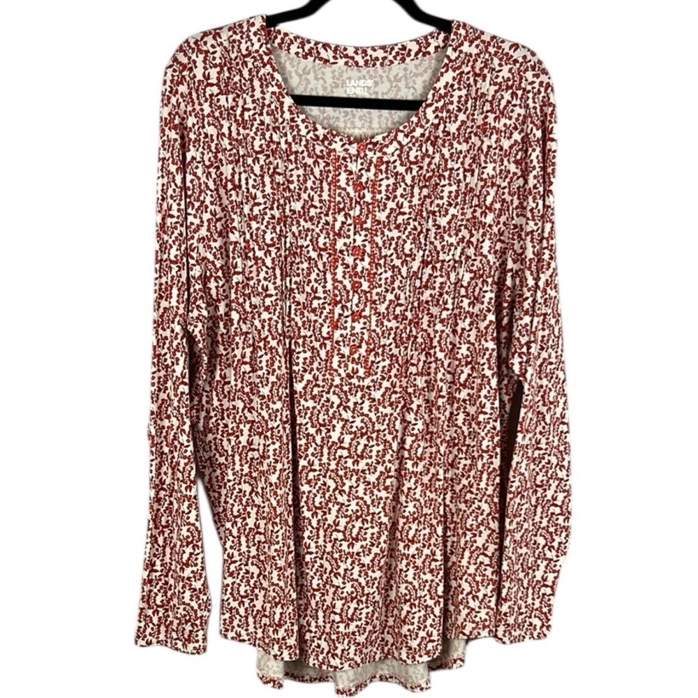 Lands' End Ditsy Floral Casual Cotton Modal Long Sleeve Tunic Top 2X Red White